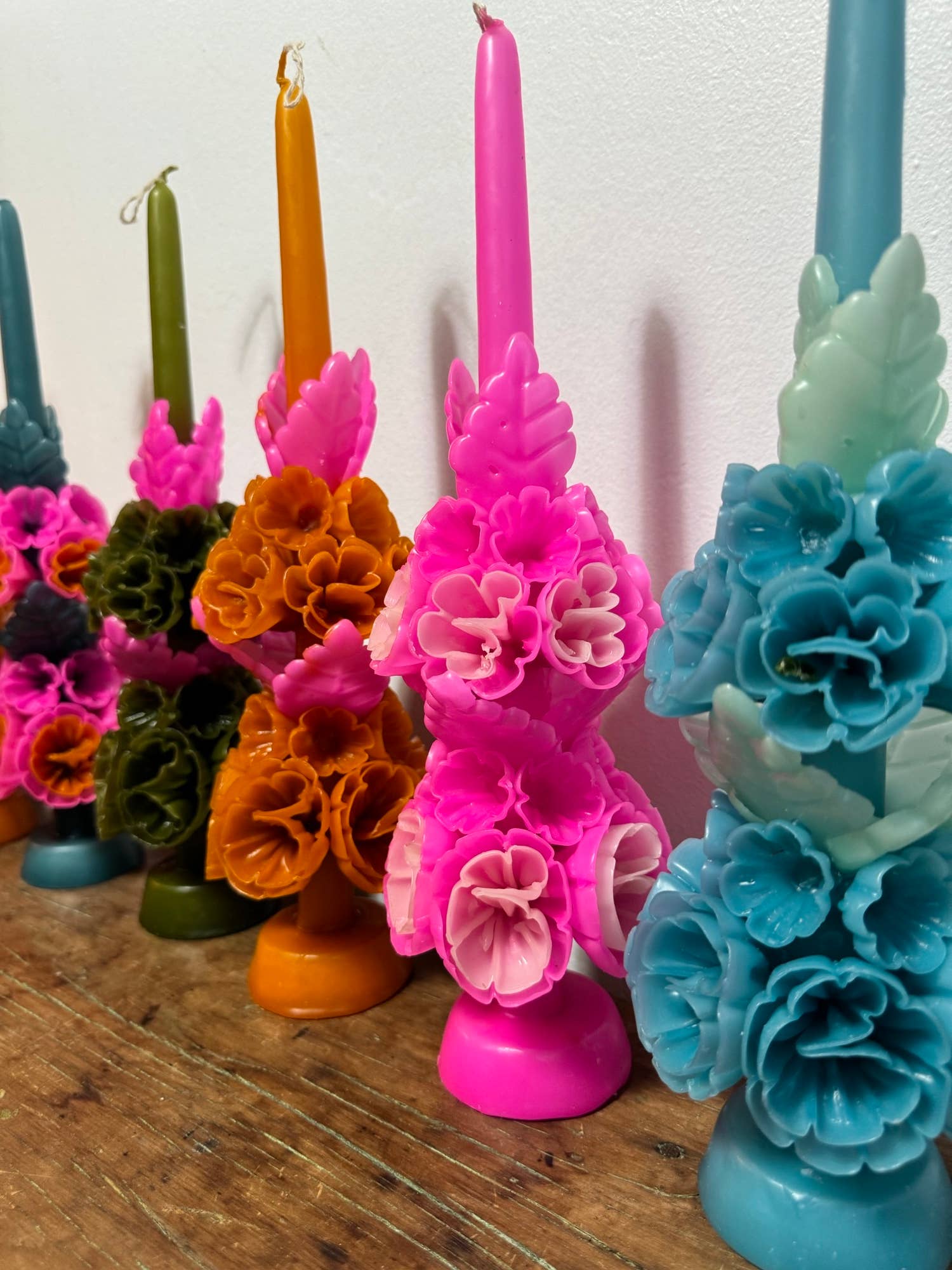 Tall Mexican Floral Candle-  Miami Pink